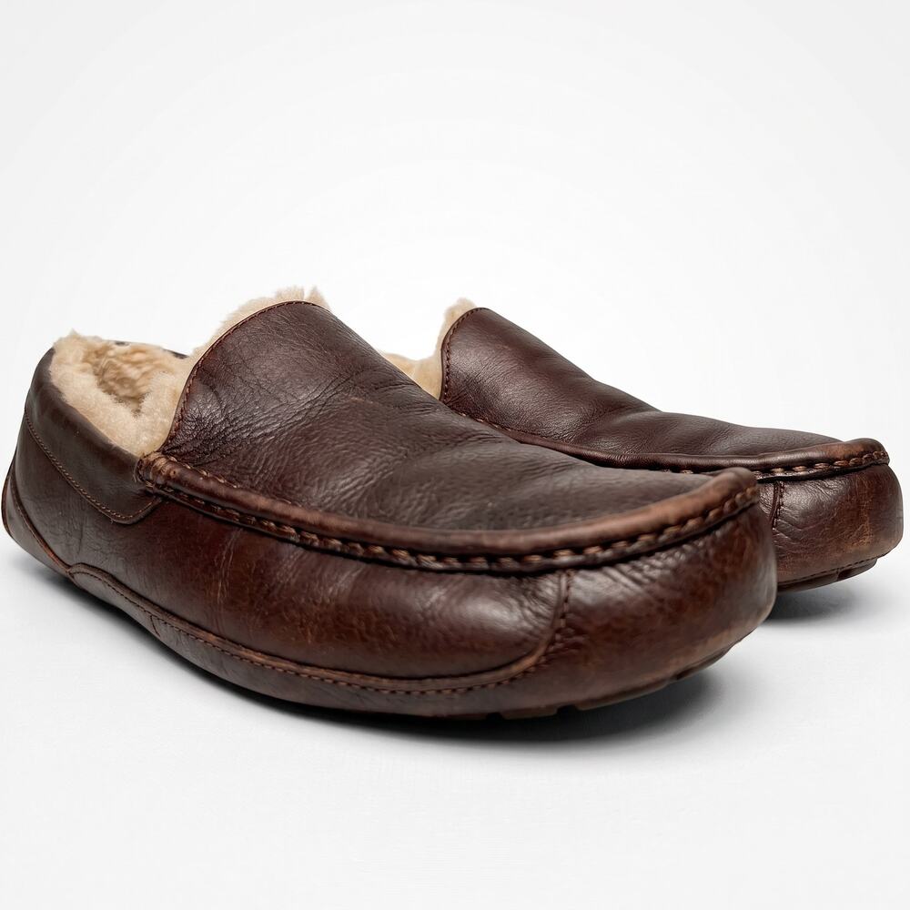 UGG Ascot Brown Leather Sheepskin Lined Slippers Men's 12 Moc Toe Loafers Winter
